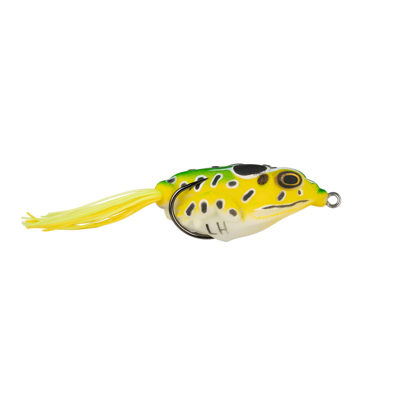 Yellow and black frog-shaped fishing lure on a white background