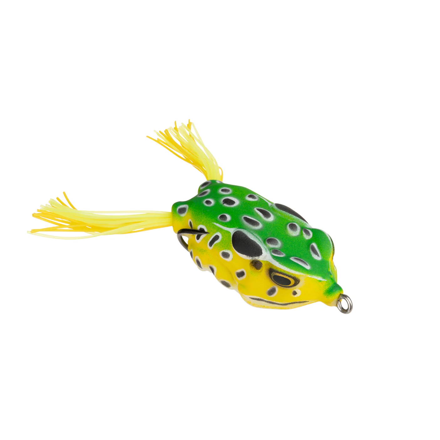 Frog-shaped fishing lure with yellow accents on a white background