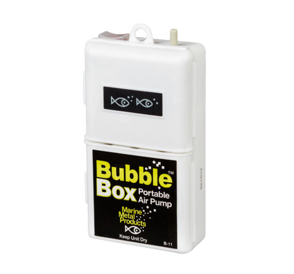 White portable air pump with 'Bubble Box' branding on a white background