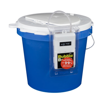 Blue bucket with a clear lid and a label on a white background