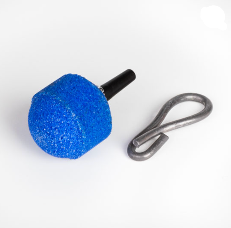 Blue foam ball with a black handle and metal clip on a white background