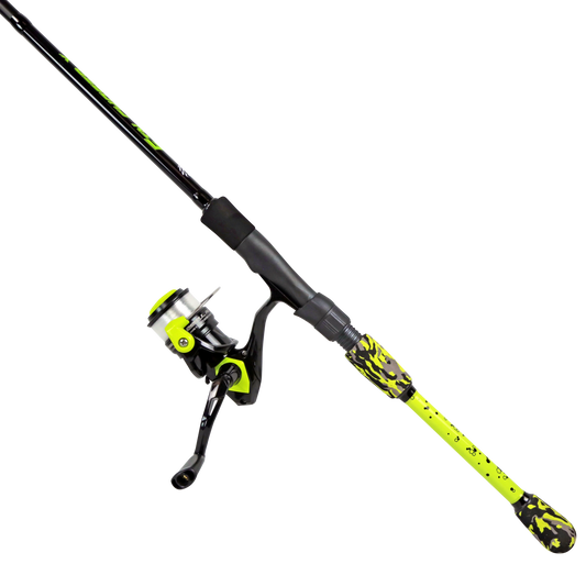 Fishing rod and reel combo with yellow and black design on a white background