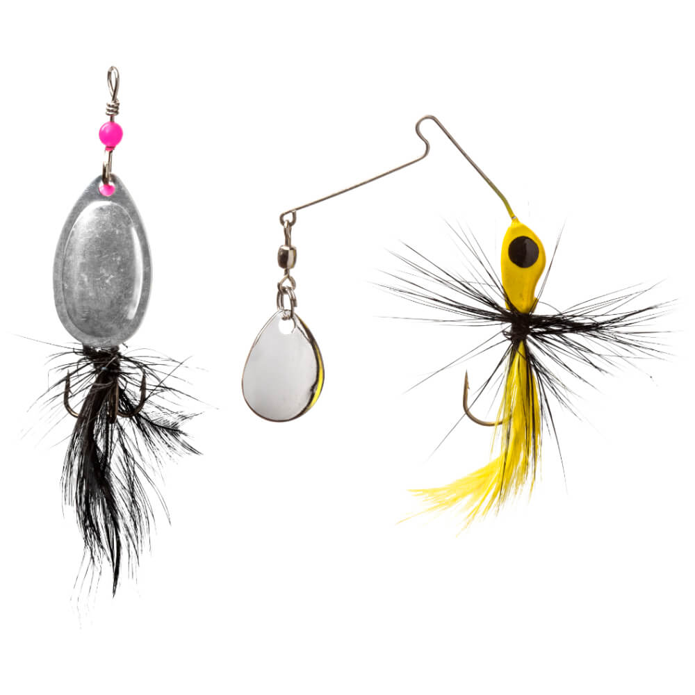 Three fishing lures with different designs on a white background