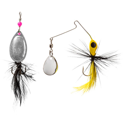Three fishing lures with different designs on a white background