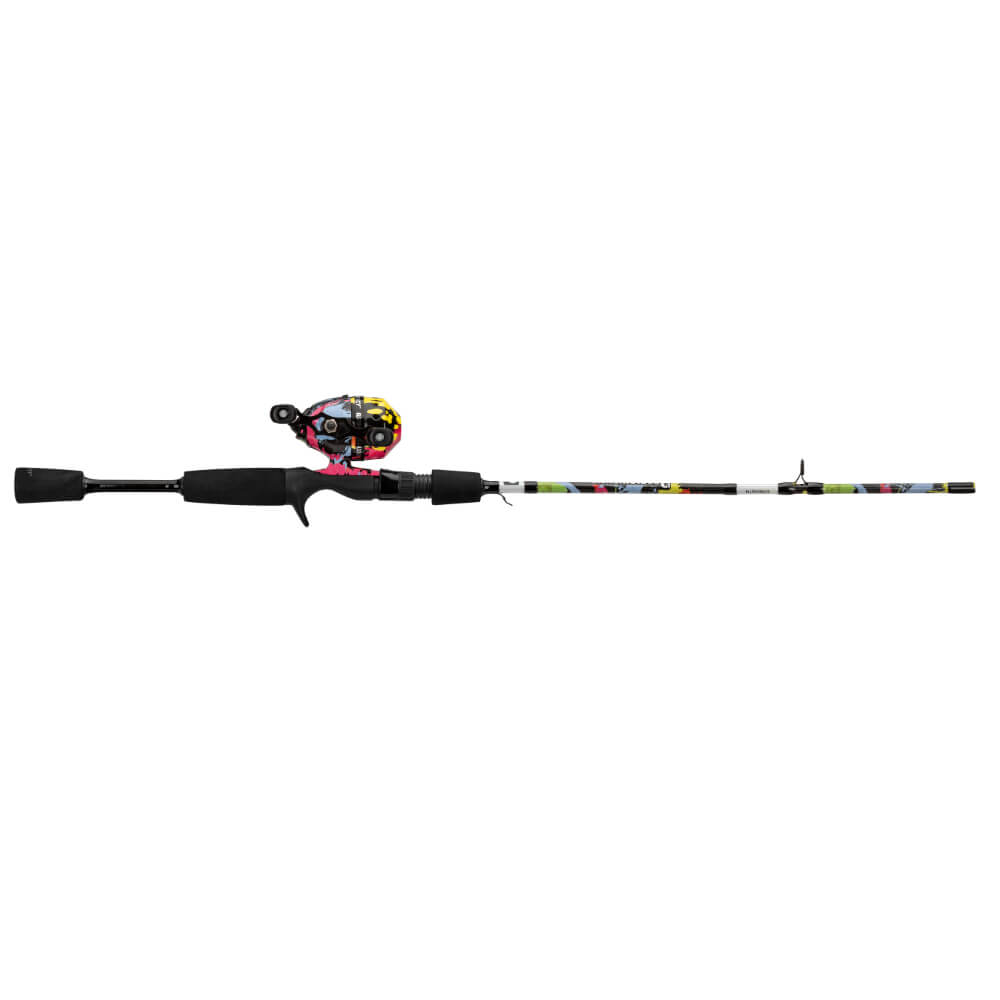 Fishing rod with colorful handle on a white background
