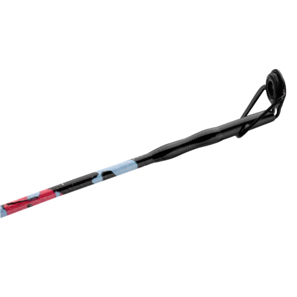 Black lacrosse stick with red and blue accents on a white background