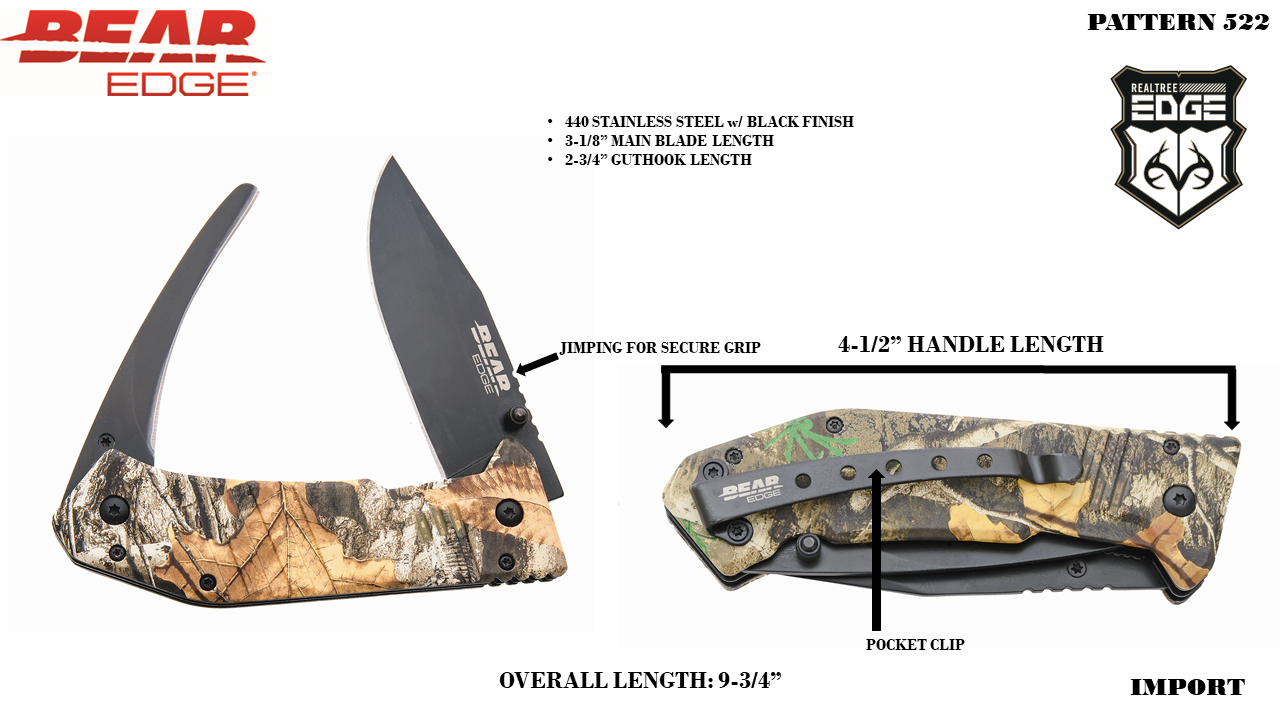 BEAR & SONS 5" DOUBLE GUT & SKINNER BLACK BLADE REALTREE EDGE