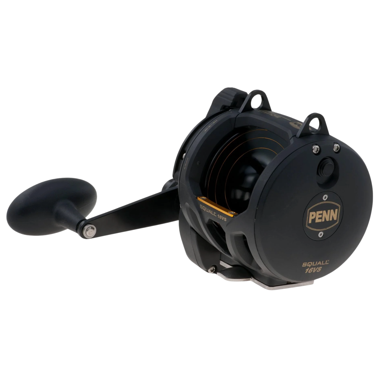 Black fishing reel with 'Penn' branding on a white background