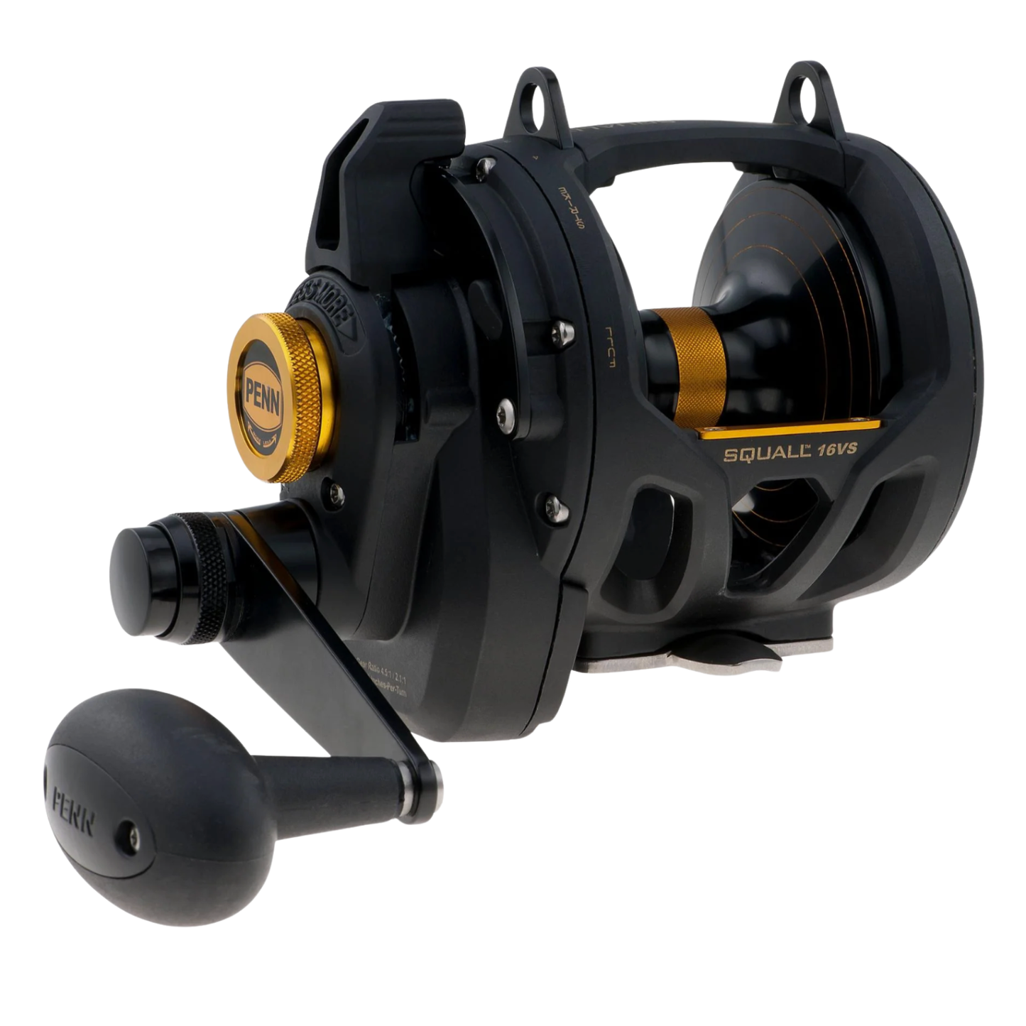 Fishing reel with black and gold design on a white background