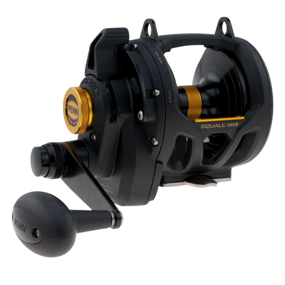 Fishing reel with black and gold design on a white background