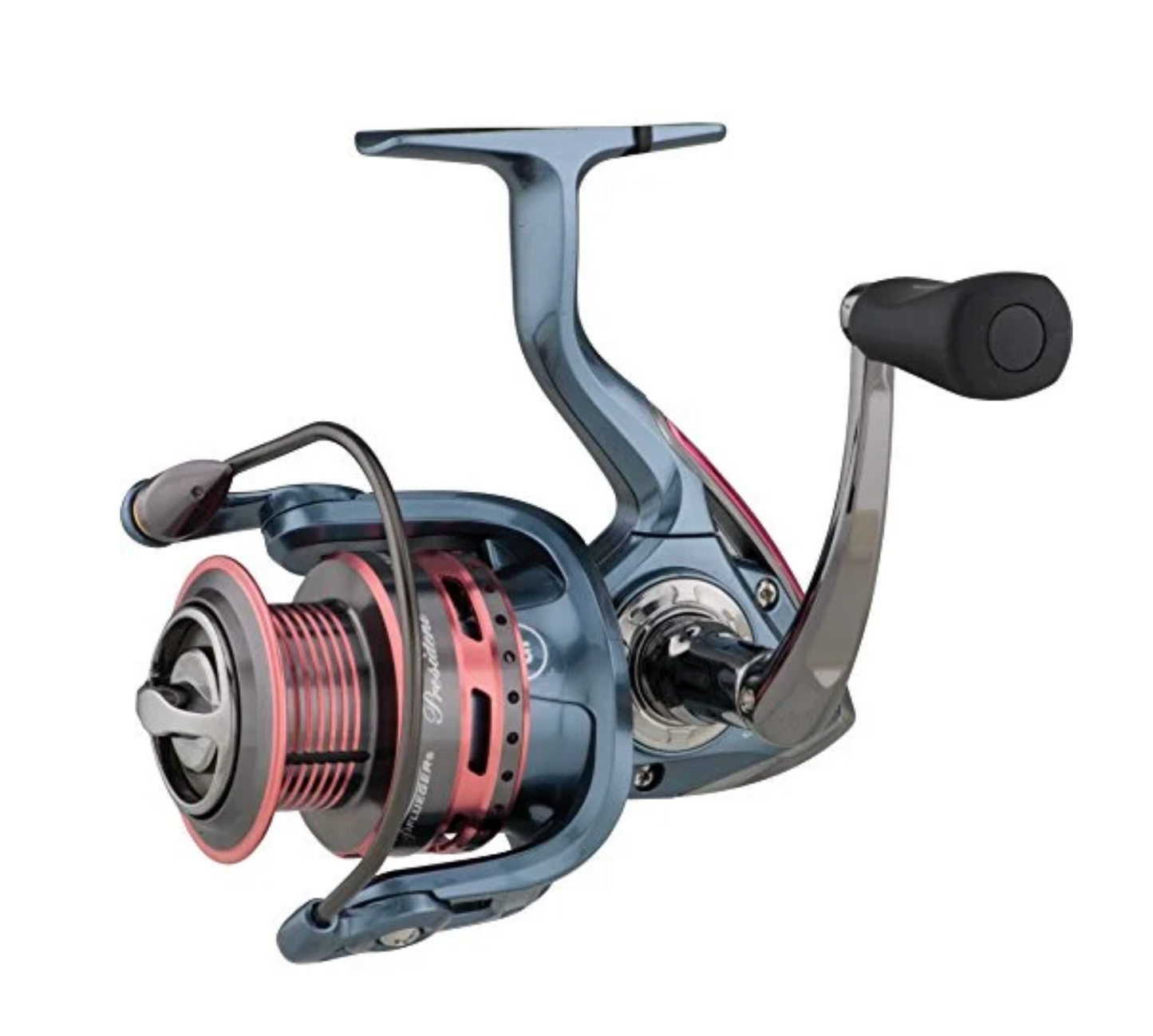 Fishing reel with blue and red design on a white background