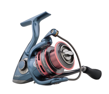 Fishing reel with blue and red design on a white background
