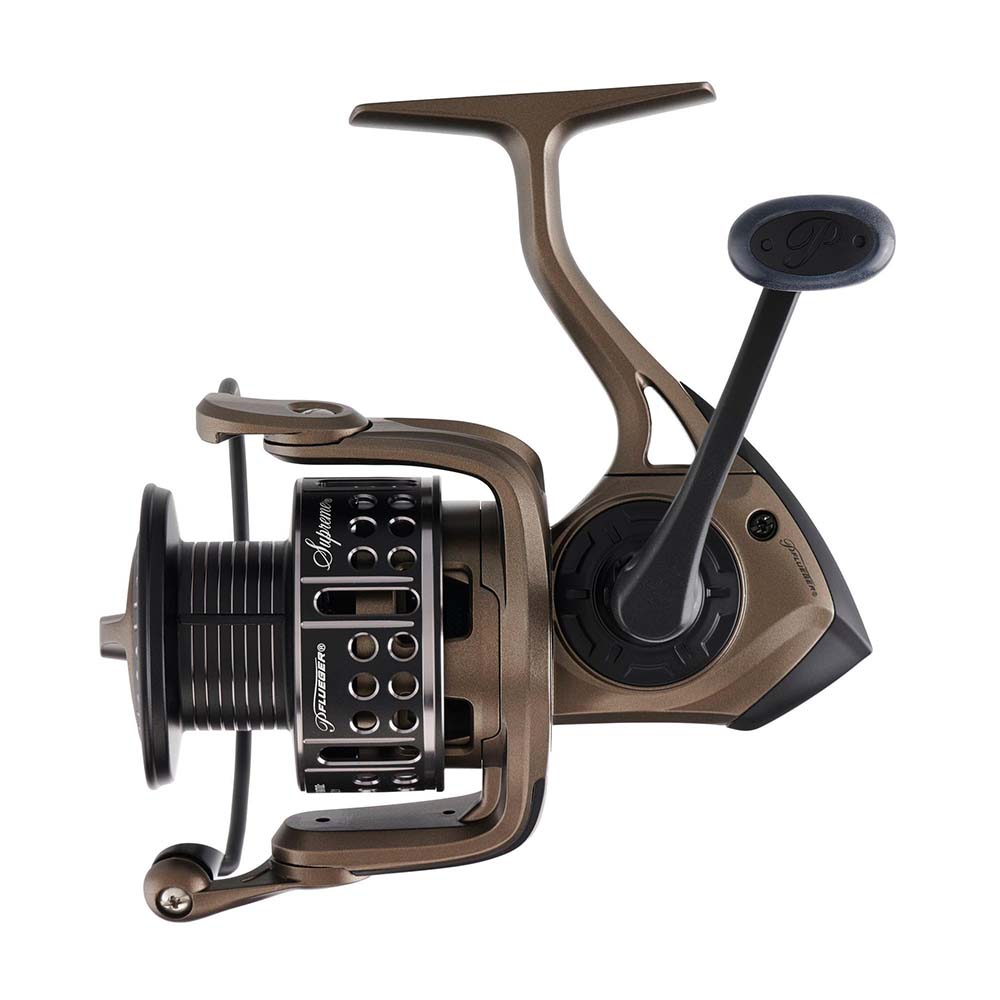 Brown and black fishing reel on a white background