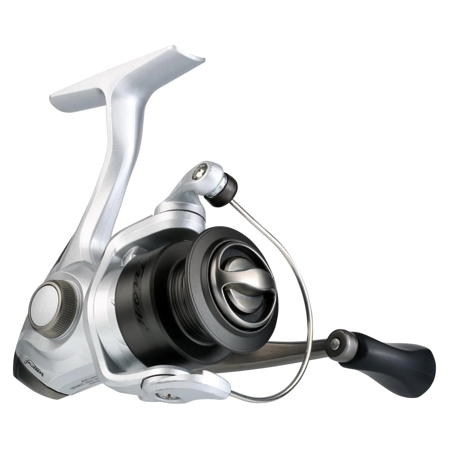 Fishing reel with metallic finish on a white background