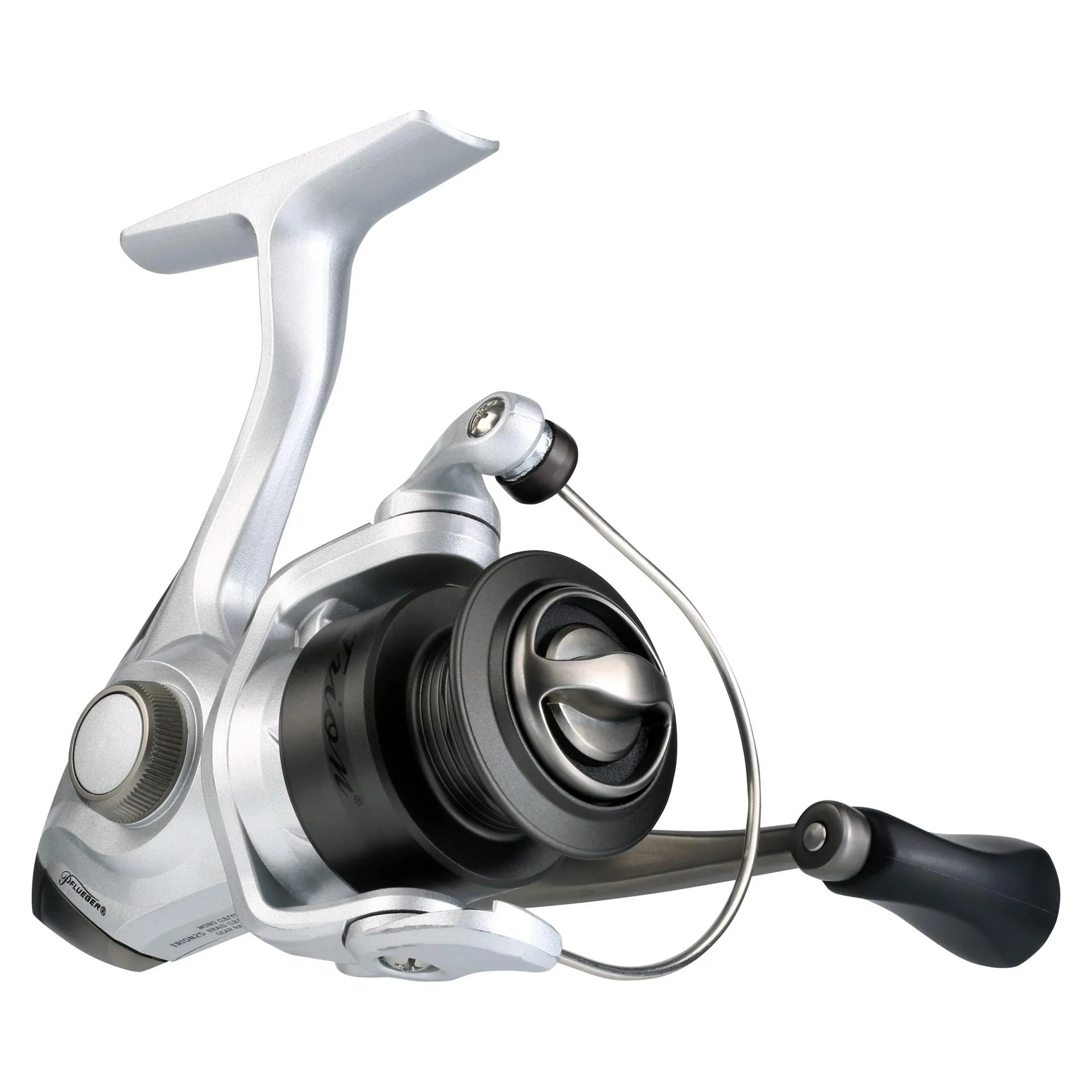 Fishing reel with metallic finish on a white background