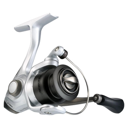 Fishing reel with metallic finish on a white background