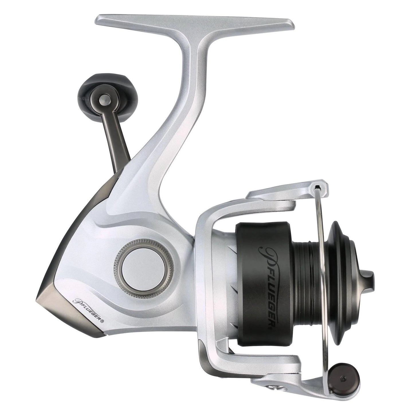 Fishing reel with a white and black design on a white background
