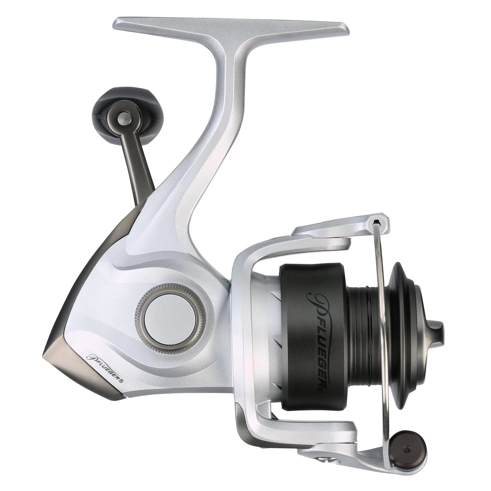 Fishing reel with a white and black design on a white background