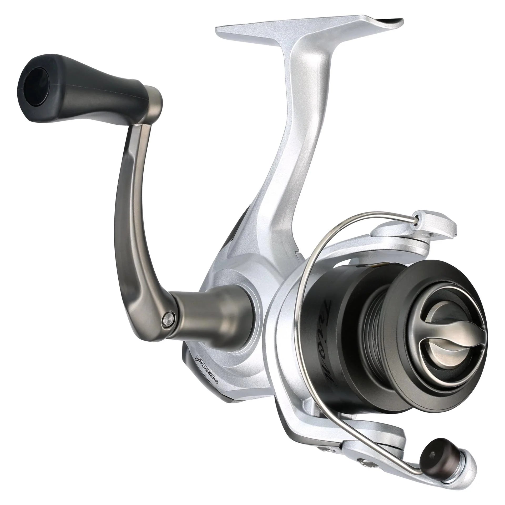 Fishing reel with metallic finish on a white background