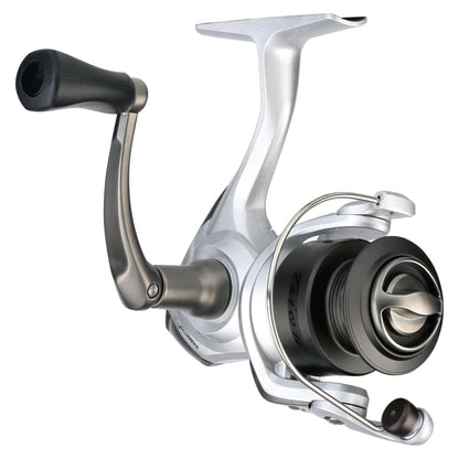 Fishing reel with metallic finish on a white background