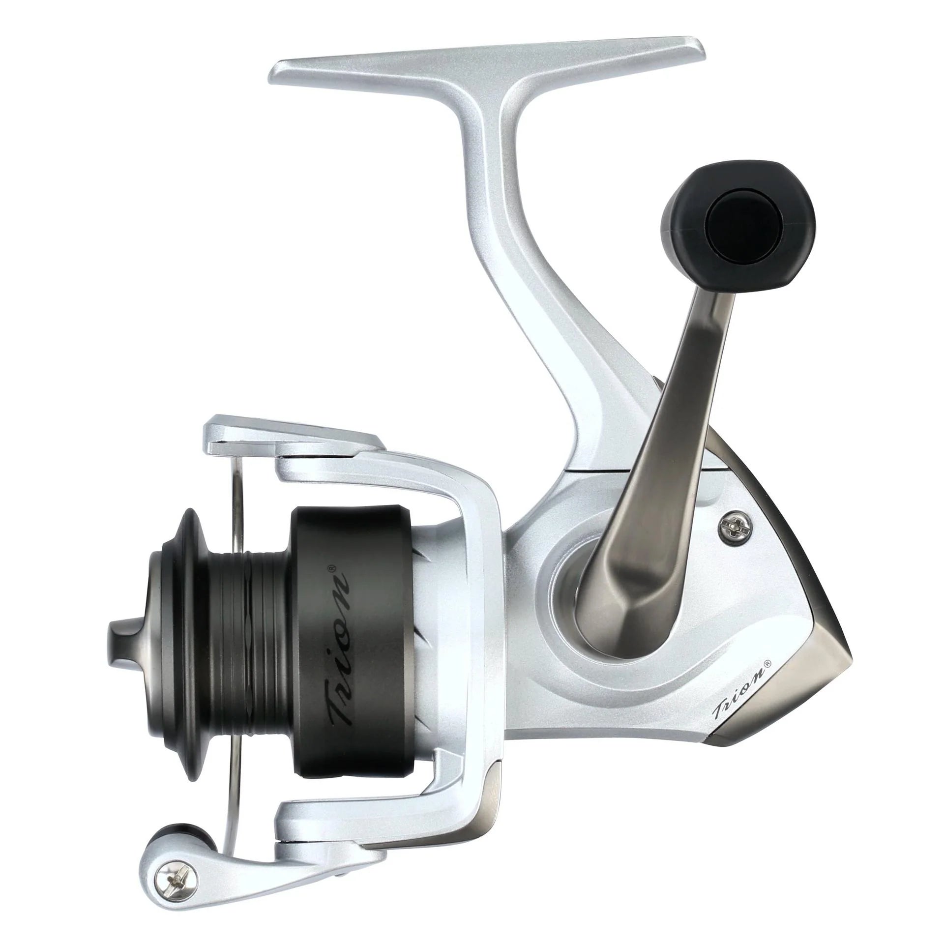 Fishing reel with a white and silver design on a white background