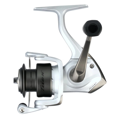Fishing reel with a white and silver design on a white background