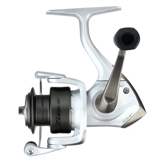 Fishing reel with a white and silver design on a white background