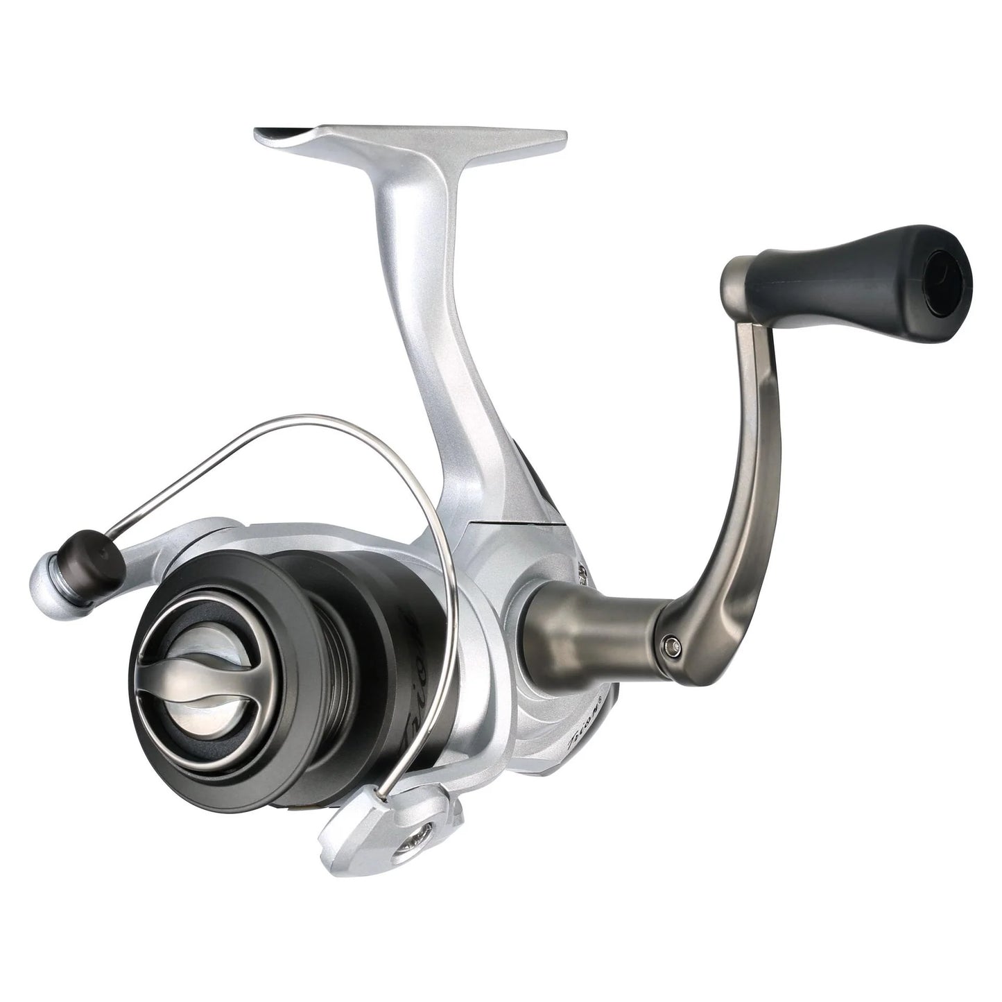 Fishing reel with metallic finish on a white background