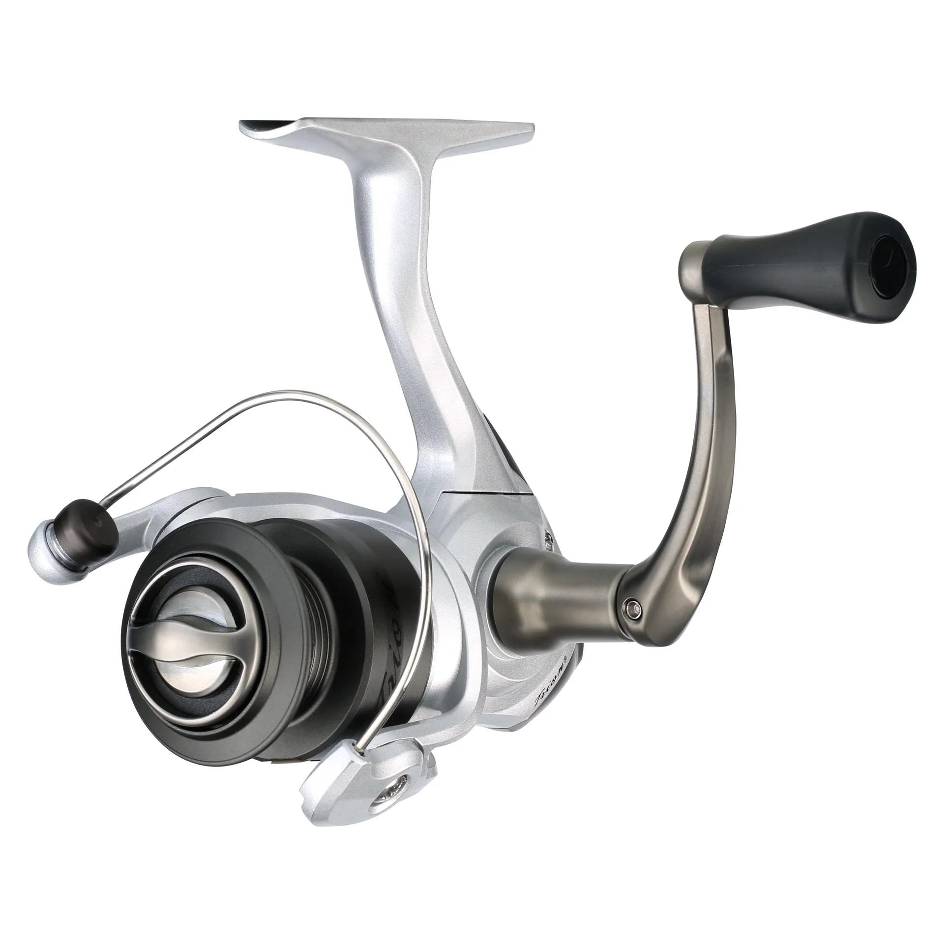 Fishing reel with metallic finish on a white background