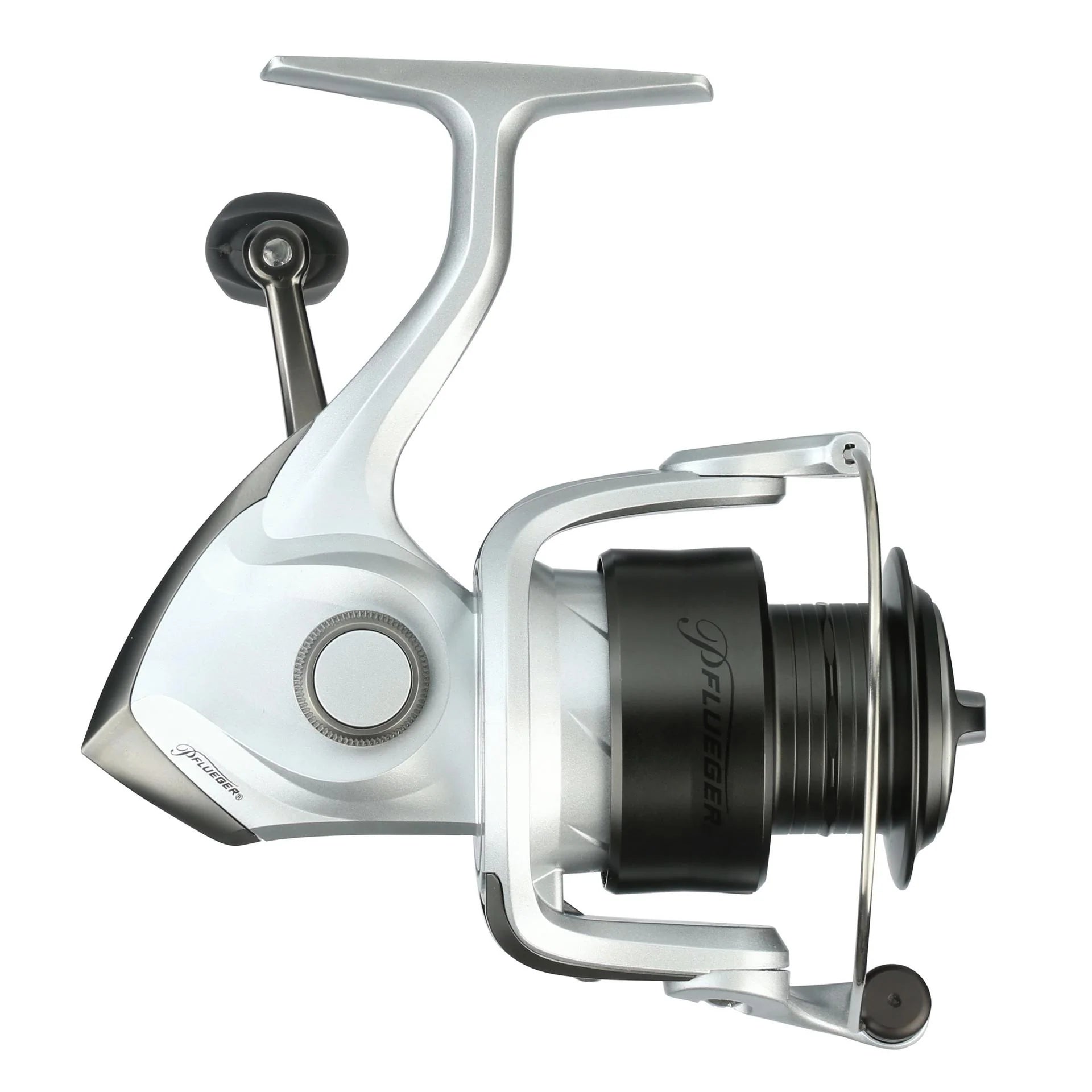 Fishing reel with a white and black design on a white background