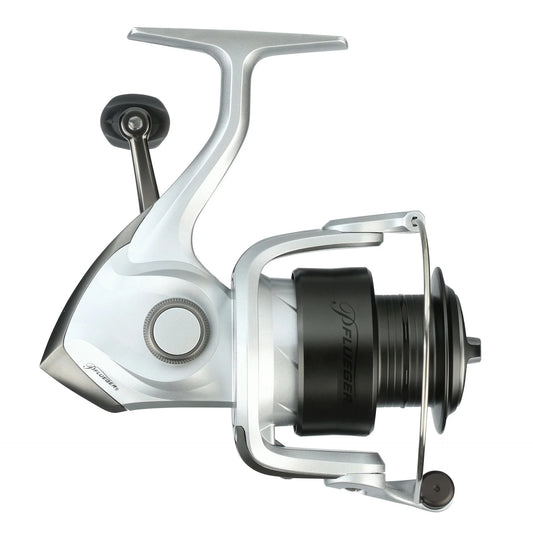 Fishing reel with a white and black design on a white background
