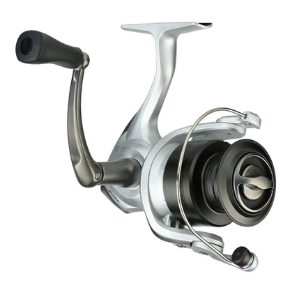 Fishing reel with metallic finish on a white background