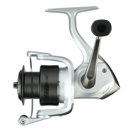 Fishing reel with metallic finish on a white background