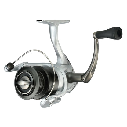 Fishing reel with metallic finish on a white background