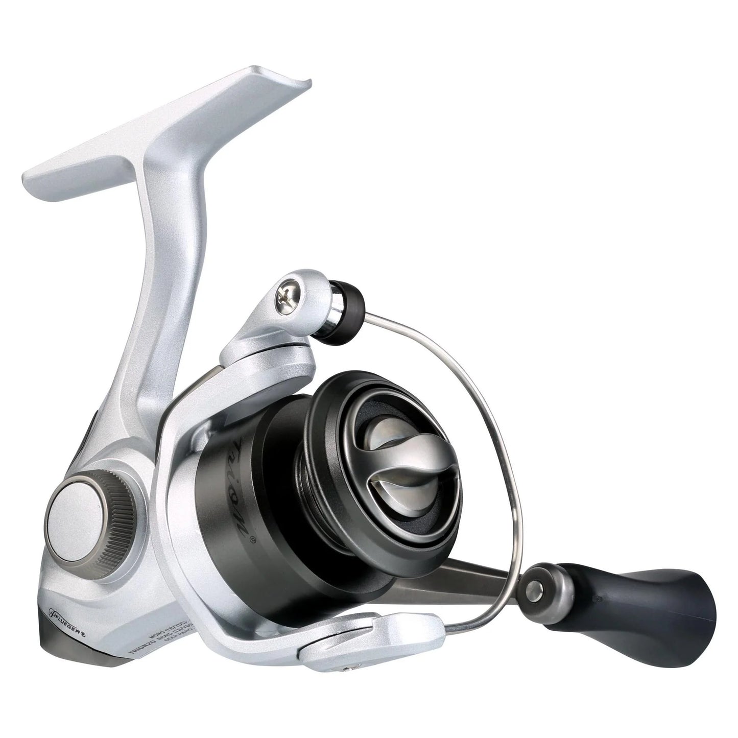 Fishing reel with silver and black design on a white background
