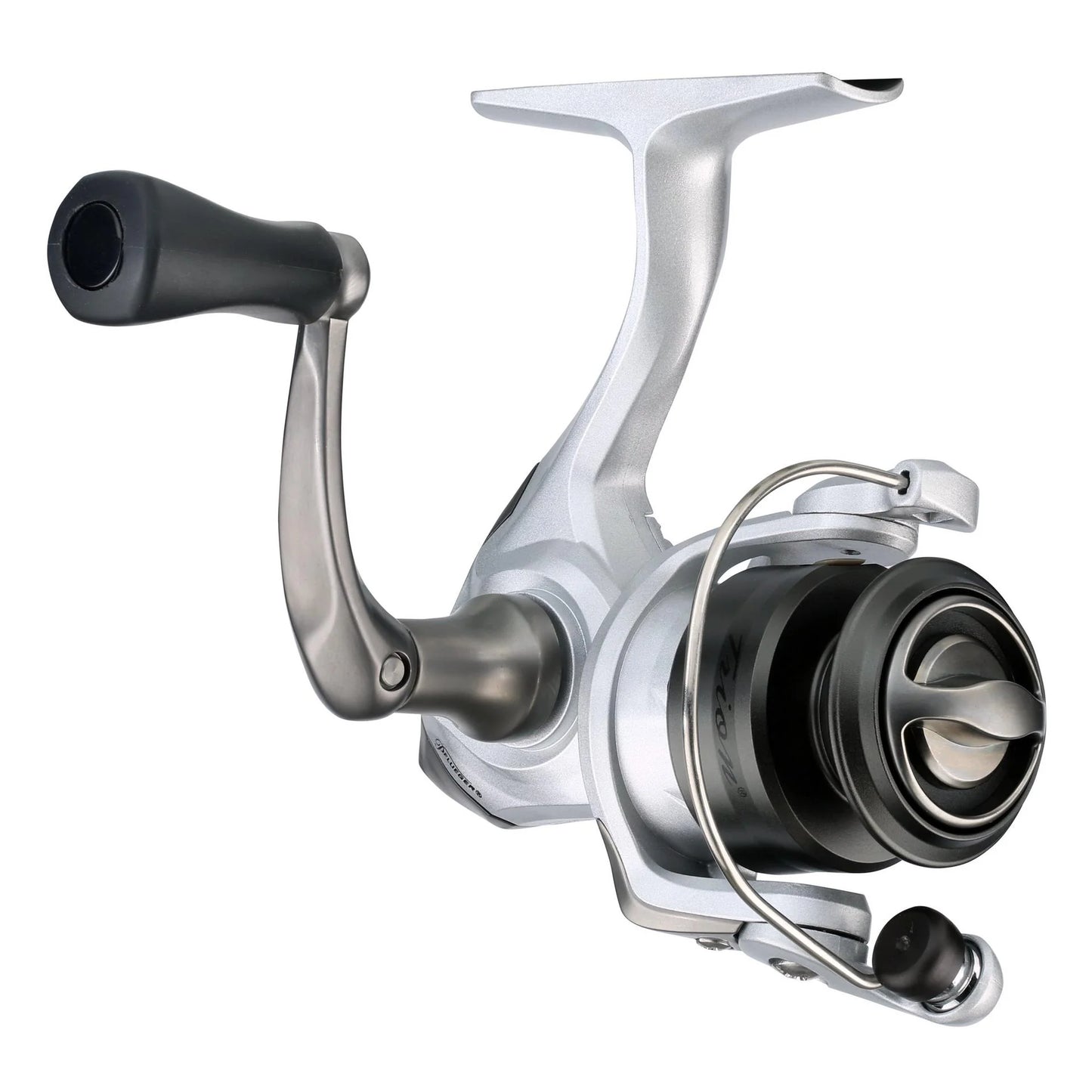 Fishing reel with metallic finish on a white background
