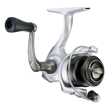 Fishing reel with metallic finish on a white background