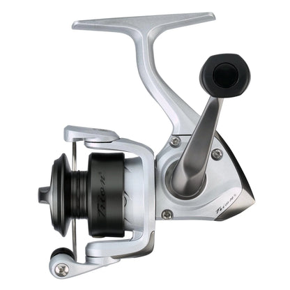 Fishing reel with silver and black design on a white background