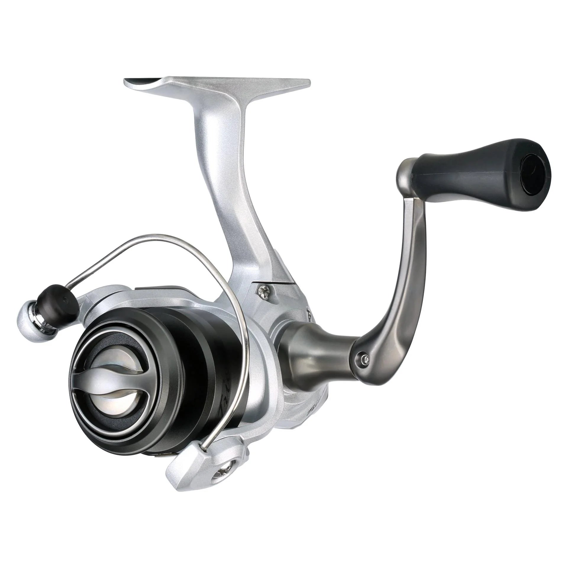 Fishing reel with metallic finish on a white background