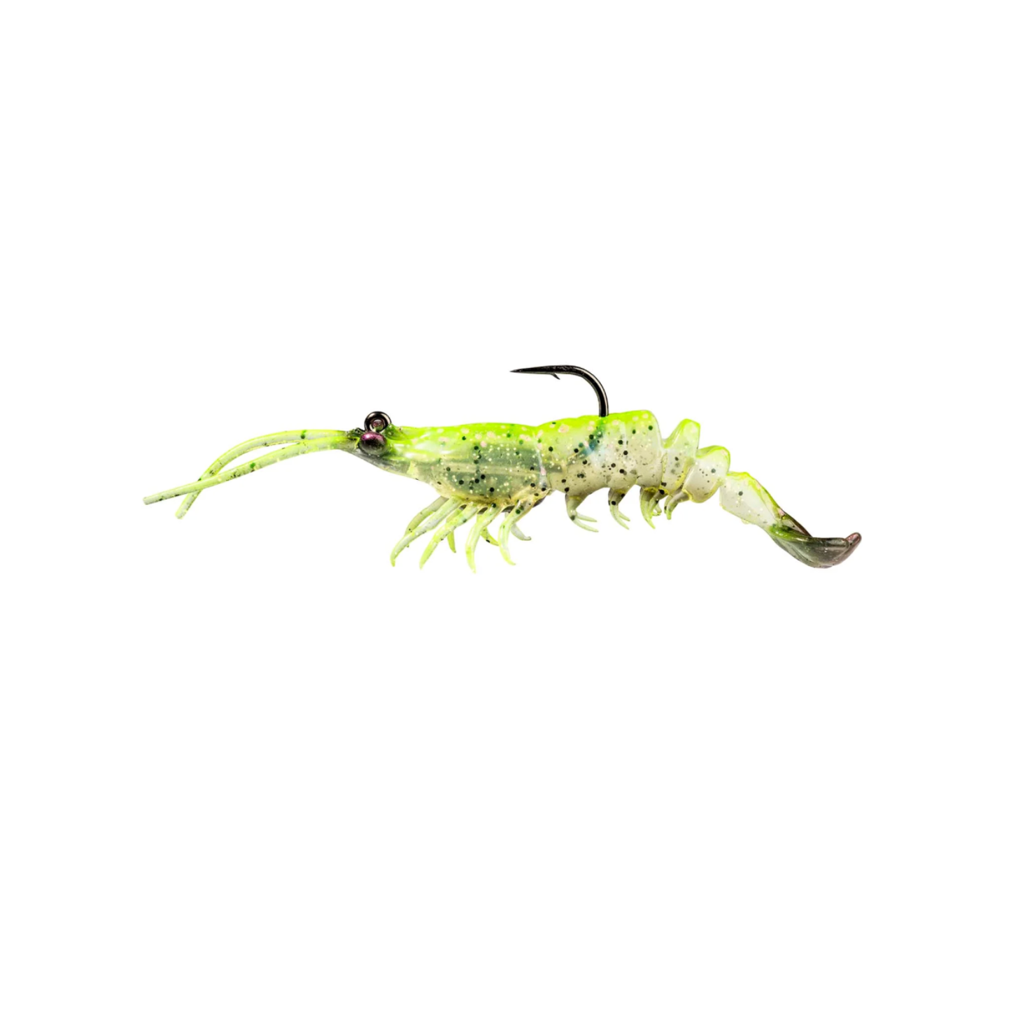 Green and black fishing lure on a white background