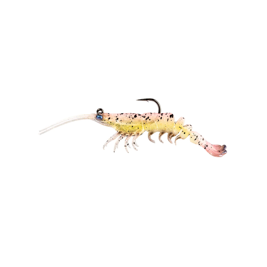 Shrimp-shaped fishing lure on a white background