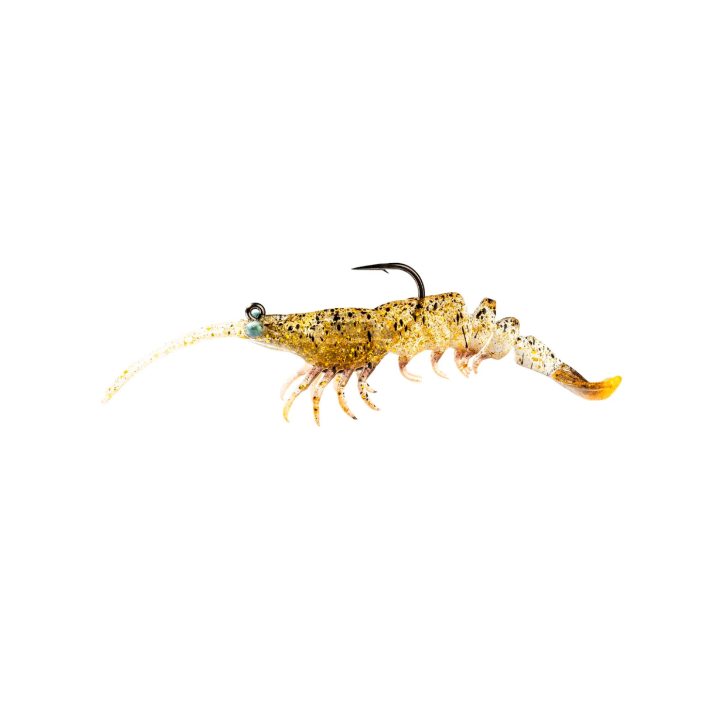 Fishing lure resembling a shrimp on a white background