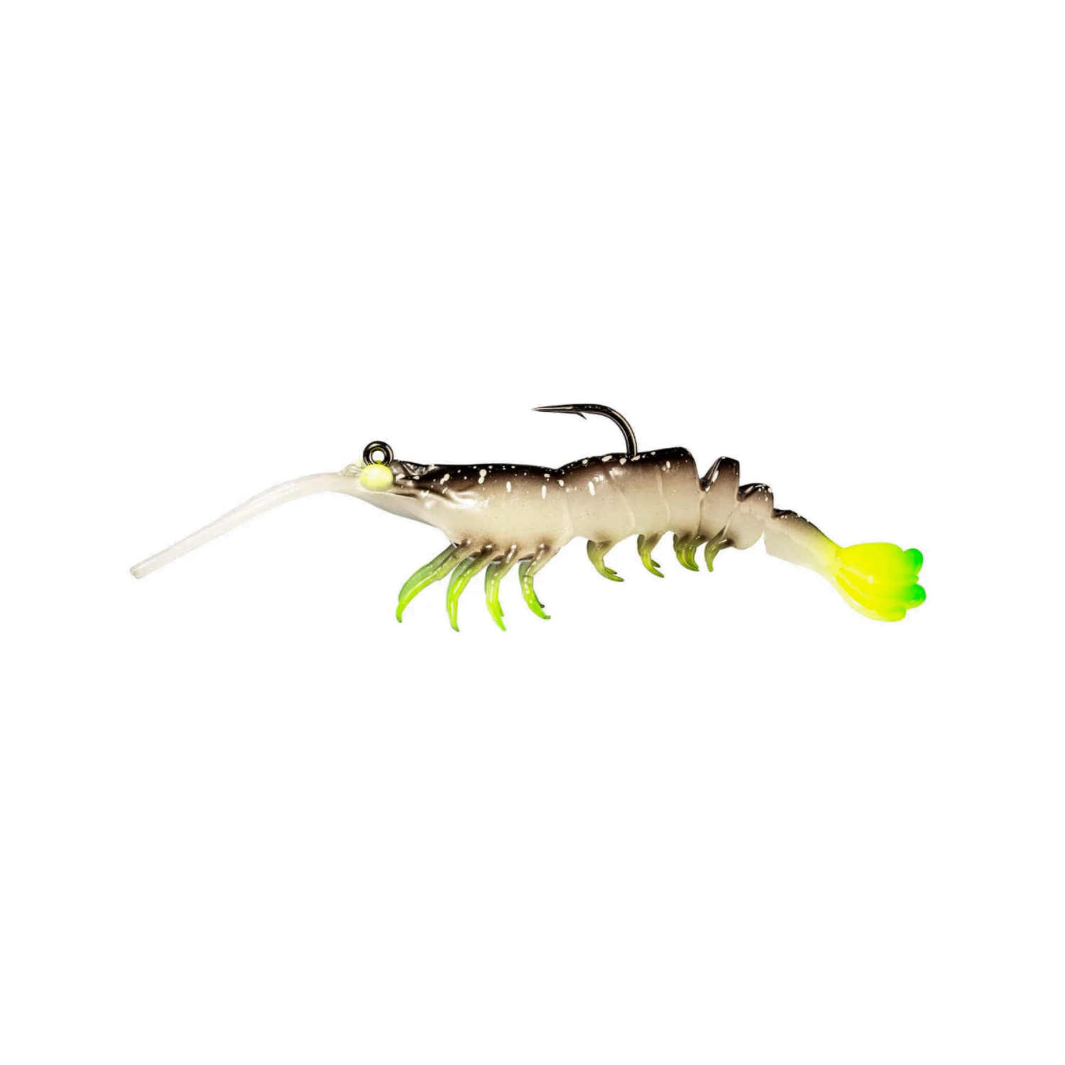 Fishing lure with a white body, green legs, and yellow tail on a white background