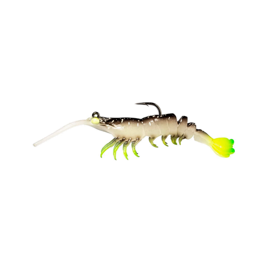 Fishing lure with a white body, green legs, and yellow tail on a white background