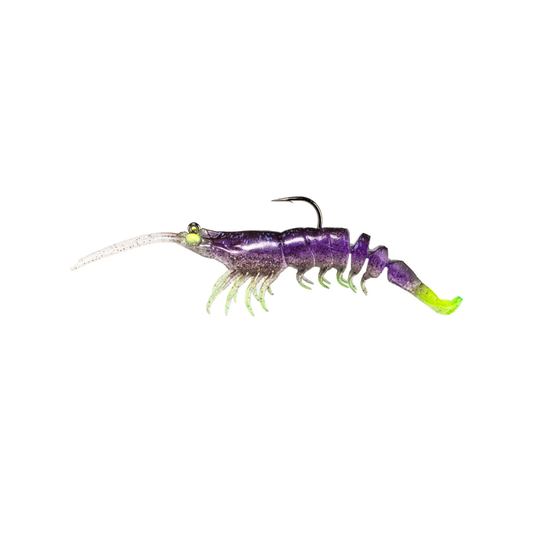 Purple and green fishing lure on a white background