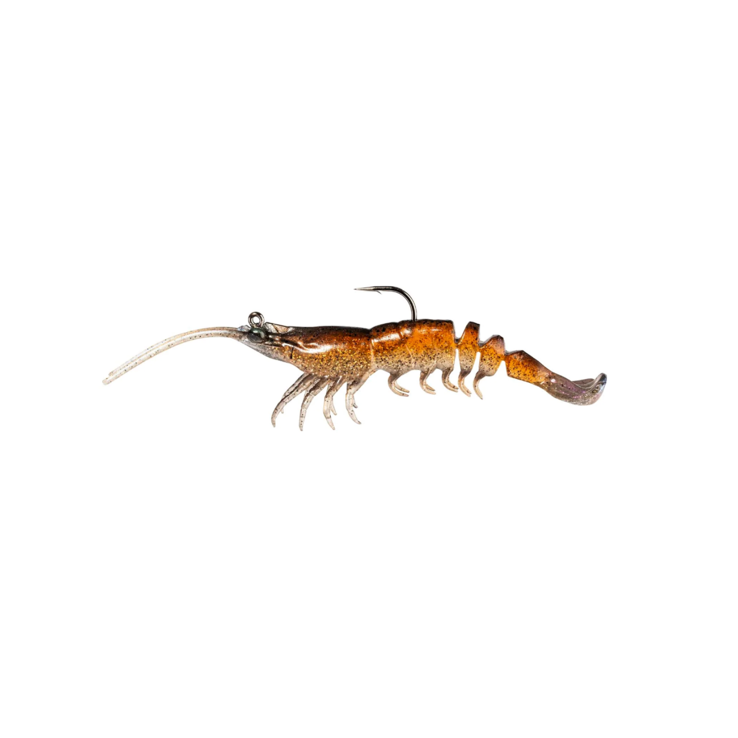Fishing lure shaped like a shrimp on a white background