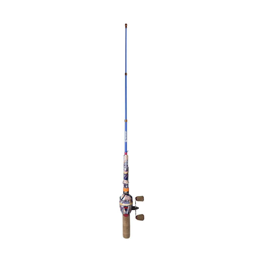Fishing rod with colorful handle on a white background