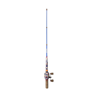 Fishing rod with colorful handle on a white background