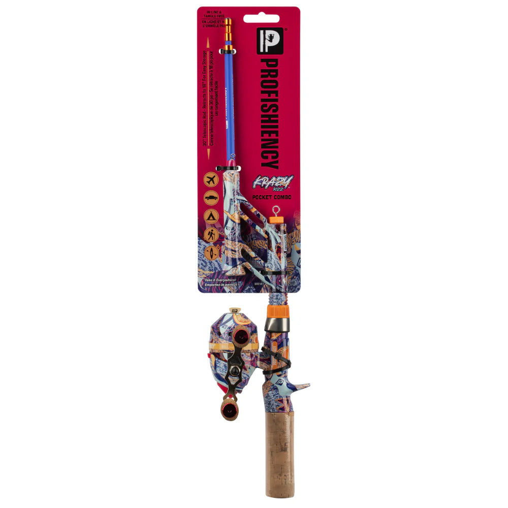 Fishing rod with colorful handle and packaging on a white background