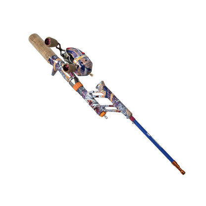 Fishing rod with colorful handle and reel on a white background